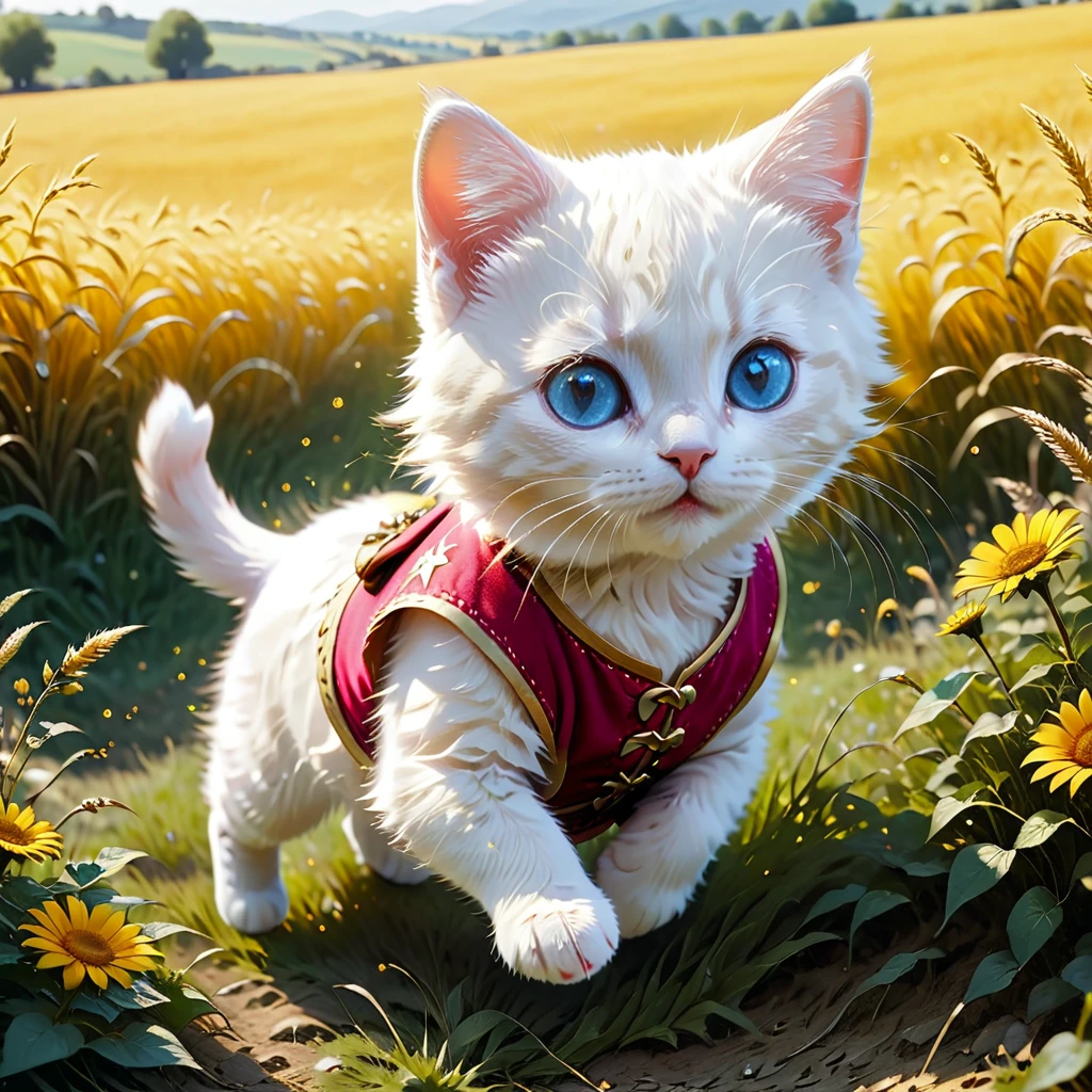 C4tt4stic, historical background is medieval Europe, (anthropomorphic blue-eyed white kitten), (wearing Swiss women's national costume), red vest, (((yellow short-sleeved shirt))), dark pink skirt, barefoot, surrounded by fine light particles, illustration of small cute creature, running around in the field, fantasy art, exquisite details, Jean-Baptiste Monge style, Alan Lee style, movie scene, dramatic shot angle, atmospheric particles, realistic, raw cinematic photorealism, action portrait, 8k, detailed, full frame