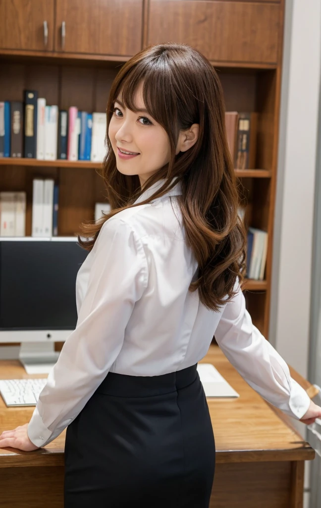 (Best quality, 8k, 32k, Masterpiece, UHD:1.2), from front, 1 girl, beautiy Japanese office lady, (smile:0.5), (looking at the the viewer), 30 years old, bit chubby:0.2, white shirt, black skirt, office room, desk, detailed beautiful face, twin-tail wavy hair, from below,