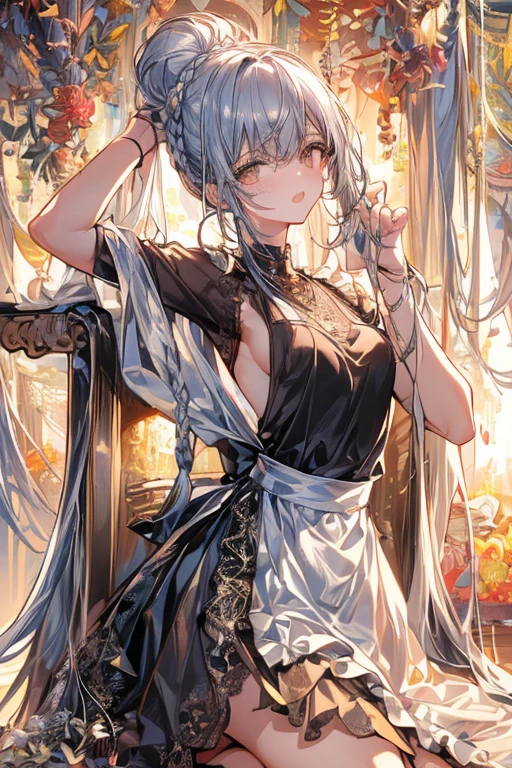 (from below:1.2),(from side:0.6),(Close-Up:0.4), (A masterpiece of image quality in 8K),(Beautiful Allafed Woman),(((emphasizing breasts:1.1))),(Dynamic angles),(Dynamic and sexy bending pose:1.3),(sit a chair:1.2),(Short hair in shiny silver and orange inner colors,small full breasts,Disturbance of clothing due to movement,breast slip,(Ponytail twisted buns adorned with elaborate braids and beads,Braided Setup Fishbone Hair:1.2),(see-through bangs),small breasts,(((A brown lace apron that shows your bare skin from under your small breasts.......)))、garters,Blush with embarrassment、Enraptured eyes、 little open mouth,A smile that beguiles the viewer、(Look back:1.2)、Look into the photographer,skin glistening with sweat,gazing at viewer,,(Professional Lighting),(masutepiece,top-quality,Ultra-high resolution output image,),(Ultra HD with complex detail image modes),depth of fields,Beautiful hands,Beautiful fingers,Detailed finger features,(Detailed hair features:1.7),detailed facial features,detailed clothes features,