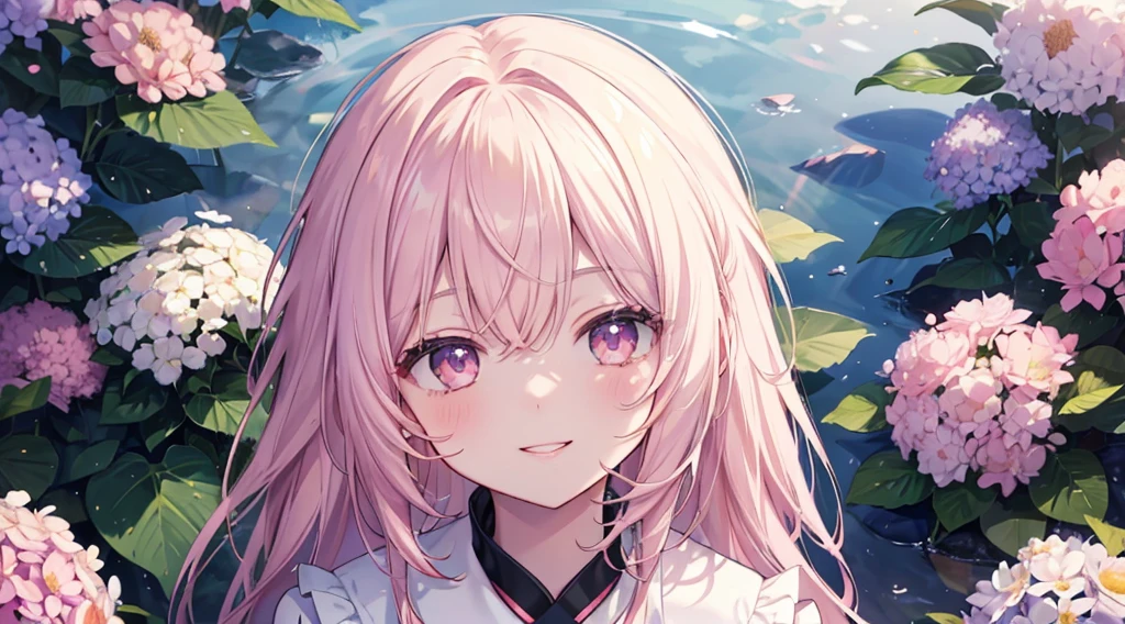 (((Highest quality、masterpiece、Ultra-fine、Ultra-fine、Exquisite、16k、Full HD,high school girl,))) 、Black Hair,((Looking up), (((Looking up)))) 、((Soft sunlight、((sunny)) )),Hydrangea flowers blooming in the rain、Dark Eyes、Long eyelashes、White skin、(Pale pink lips、Pale pink cheeks、thin and long)、 ((cute)) ((one person)) 、((The best smile)) 、