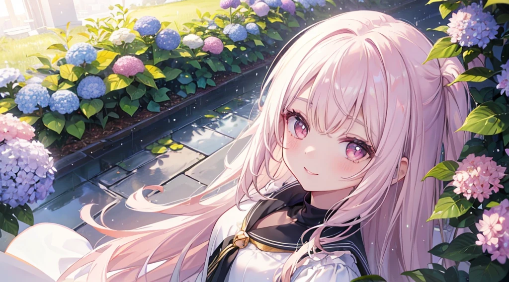 (((Highest quality、masterpiece、Ultra-fine、Ultra-fine、Exquisite、16k、Full HD,high school girl,))) 、Black Hair,((Looking up), (((Looking up)))) 、((Soft sunlight、((sunny)) )),Hydrangea flowers blooming in the rain、Dark Eyes、Long eyelashes、White skin、(Pale pink lips、Pale pink cheeks、thin and long)、 ((cute)) ((one person)) 、((The best smile)) 、