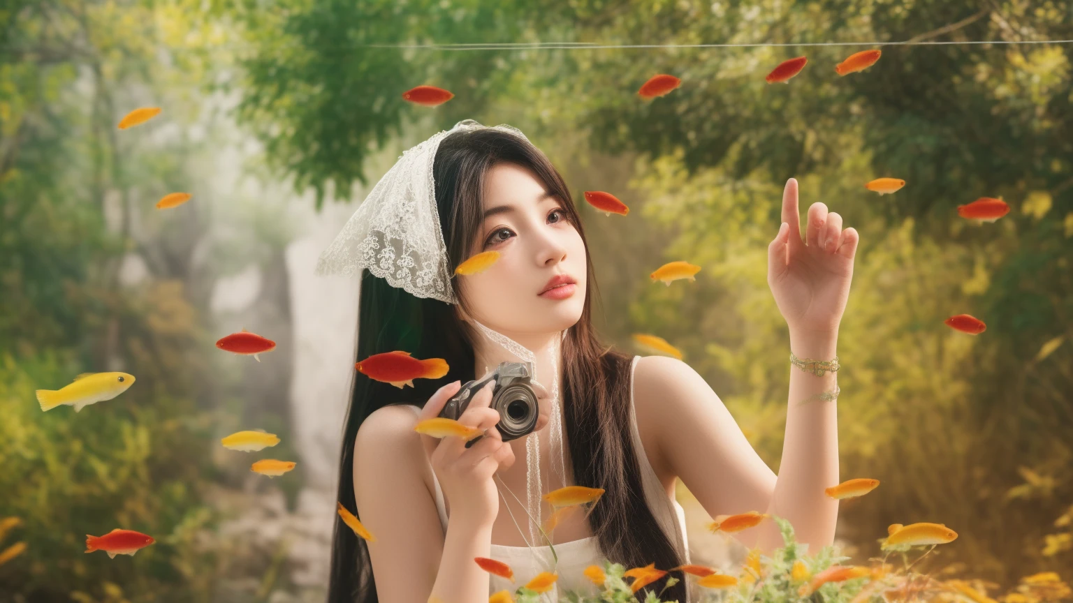 there is a woman that is holding a camera in her hand, fantasy photography, anime style mixed with fujifilm, fantasy photoshoot, inspired by Yanagawa Shigenobu, surreal beautiful young woman, realistic fantasy photography, portrait shot, dslr fantasy, inspired by Kim Du-ryang, fish in the background, inspired by Tsuguharu Foujita, fashion photograhy