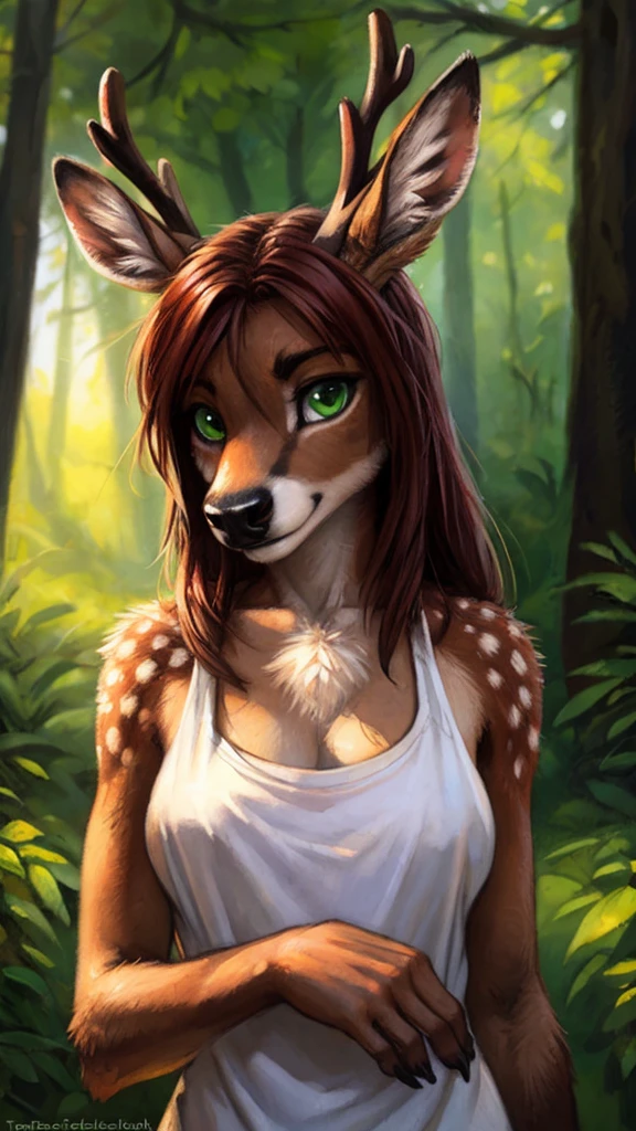 by kenket, by totesfleisch8, (by thebigslick, by silverfox5213:0.8), (by syuro:0.2), by tom_fischbach,, (best quality, masterpiece:1), solo, furry female anthro, green eyes, long hair, reddish brown hair, portrait, fingers, finger claws, looking at viewer, deer, (outdoors dark forest trees blurry blurred background:1.1), featureless_breasts, dressed in a white tanktop.