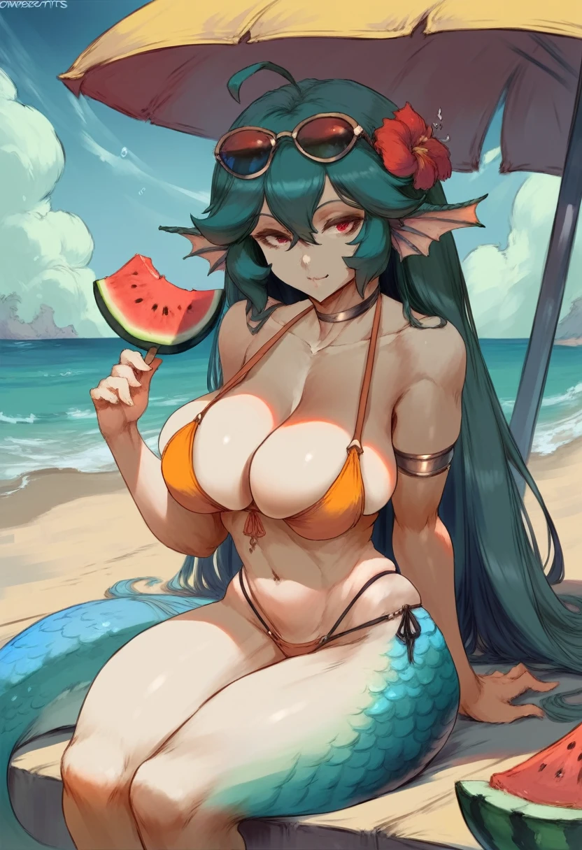 cutesexyrobutts style, 1girl, monster_girl, food, solo, hair_ornament, breasts, mermaid, long_hair, flower, swimsuit, hair_flower, red_eyes, bikini, sunglasses, eyewear_on_head, popsicle, cleavage, watermelon_bar, holding, outdoors, smile, fruit, large_breasts, armlet, looking_at_viewer, beach, holding_food, sitting, yellow_bikini