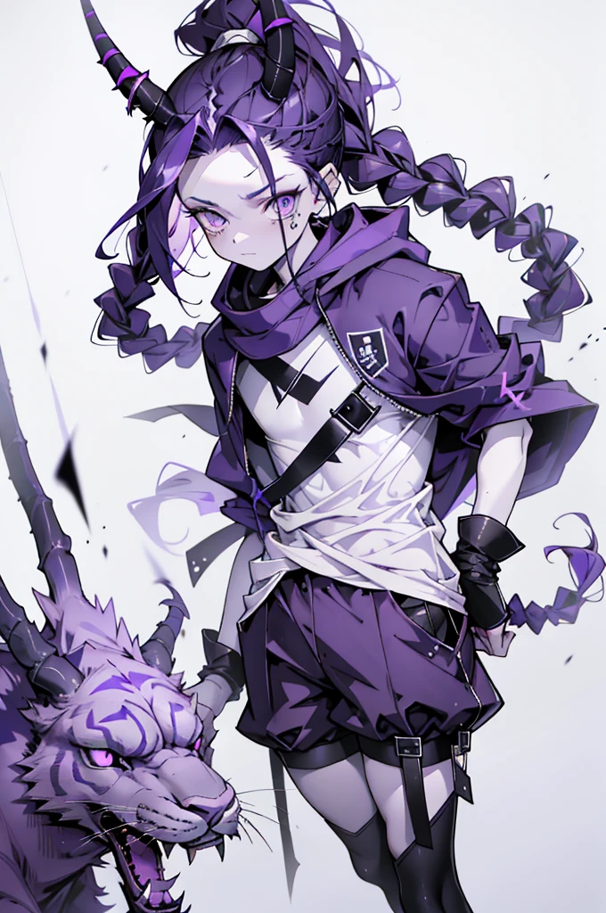 boy rabbit thoughtful look open forehead. dark purple hair braided into a ponytail on the left side. sinuous black horns wrapped in dark purple ribbon. pale violet eyes. in short dark purple shorts. long white T-shirt. dark purple knee-high socks. white long cloak with hood inside. stone walls purple light