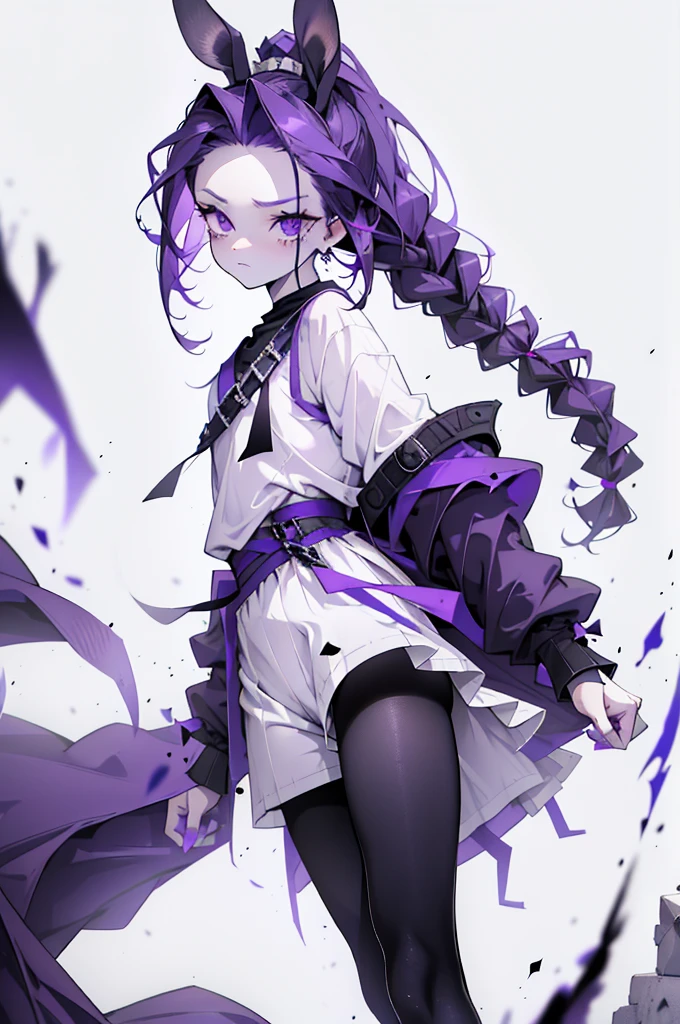 boy rabbit thoughtful look open forehead. dark purple hair braided into a ponytail on the left side. sinuous black horns wrapped in dark purple ribbon. pale violet eyes. in short dark purple shorts. long white T-shirt. dark purple knee-high socks. white long cloak with hood inside. stone walls purple light