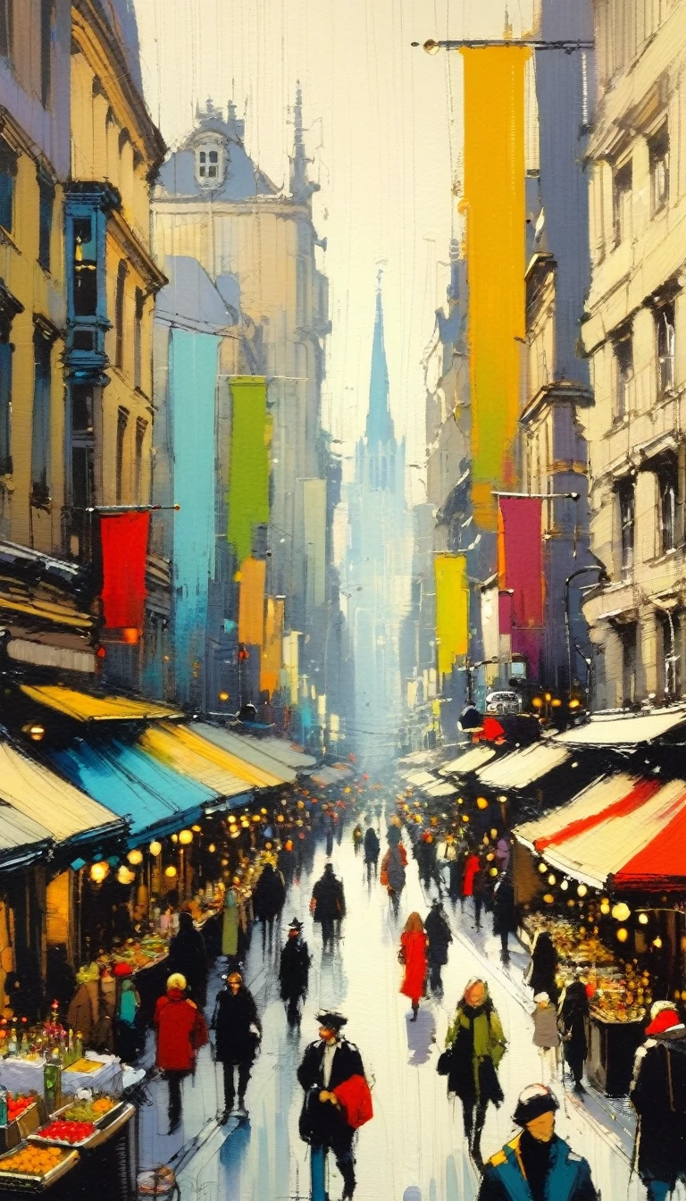 the bustling city, inspired by brussels, markets, cafes, (art inspired by skottie young and Bill Sienkiewicz). oil painting, details of brush strokes that enhance depth)