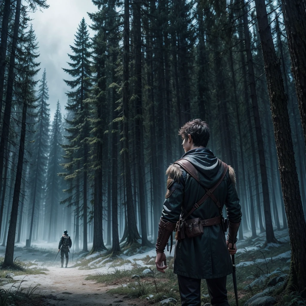 Criar uma capa de livro de fantasia infantojuvenil no estilo de Harry Potter e Percy Jackson. The scene should show a young hunter from behind, segurando uma besta, facing a large werewolf in a dark and magical forest. The hunter must be dressed in detailed adventure clothing, and the beast must look realistic and threatening. O lobisomem deve ser imponente e assustador, com olhos brilhantes e pelagem detalhada. A floresta ao redor deve ter uma atmosfera sombria e encantada, with tall trees and deep shadows, punctuated by mystical lighting that highlights the tension between the hunter and the werewolf. A cena deve evocar um sentimento de aventura, Mystery and fantasy.