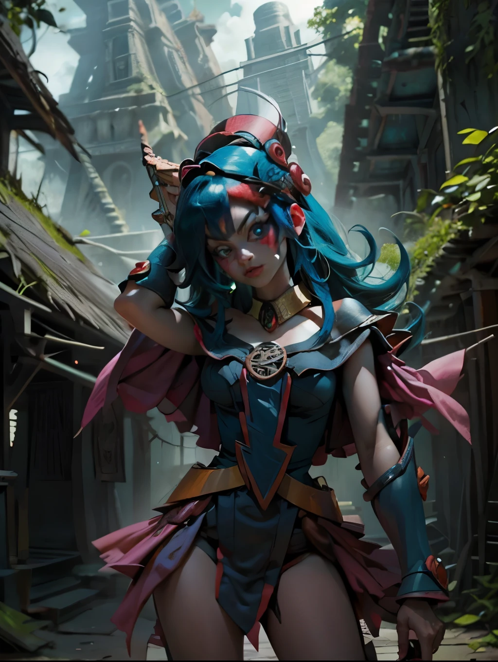 Hermosa y sensual dark magician gils vestida como Harley Quinn. pelo rojo y azul. Labios rojos. Ojos azules. Fondo de ruinas MAYAS De TIKAL. en medio de la selva . Ruina maya de Tikal. Pose amistosa. Ella se esta tomando una selfies. Posa para selfies