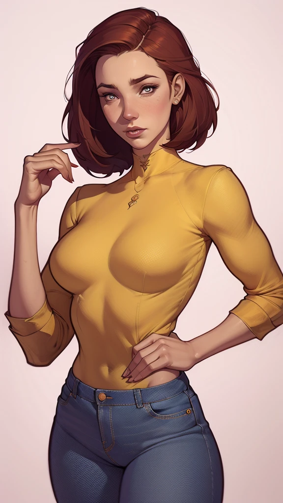 um desenho de uma mulher de jeans e blusa amarela, Estilo de arte de Charlie Bowater, arte do personagem Charlie Bowater, estilo artgerm, retrato de personagem de corpo inteiro, artgerm e lois van baarle, estilo de charlie bowater, retrato de corpo inteiro de um curta!, Lois van Baarle e Rossdraws