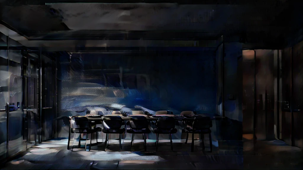 just 1 blue coffee pot and 1 cup of coffee in the foreground, background of a meeting room with dark blue wall, artwork, 8k, High resolution.