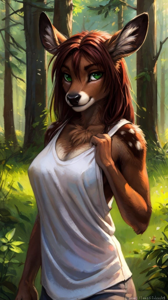 by kenket, by totesfleisch8, (by thebigslick, by silverfox5213:0.8), (by syuro:0.2), by tom_fischbach,, (best quality, masterpiece:1), solo, furry female anthro, green eyes, long hair, reddish brown hair, portrait, fingers, finger claws, looking at viewer, deer, (outdoors dark forest trees blurry blurred background:1.1), featureless_breasts, dressed in a white tanktop.