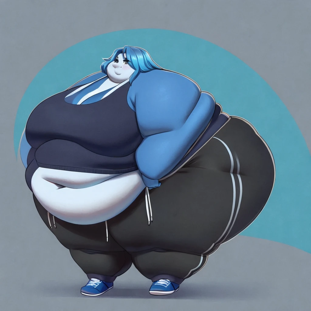 Wokf, female, long blue hair, black and blue body,fat arms, fat legs, belly rolls, hip fat rolls, double chin, chubby cheeks,tank to, sweatpants, gorgeous, beautiful, eyelashes,