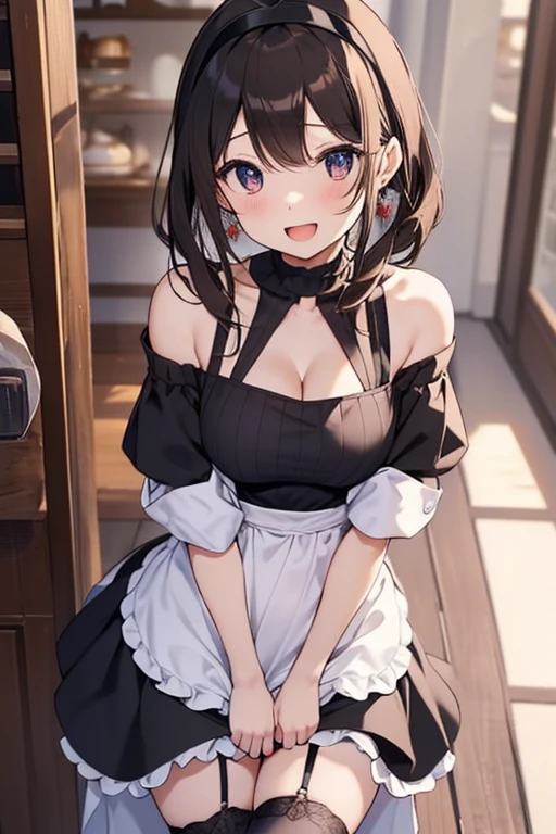 Adult Woman, masterpiece, 1girl, Amazing Cleavage:1.3, thin waist, big ass, Raised sexy, medium breast:1.3,posed cleavage:1.2,solo, open mouth, have a cup of coffee,black hair, red eyes, dress, bare shoulders, jewelry, collarbone, sidelocks, hairband, earrings, indoors, off shoulder, arms behind back, plant, short hair with long locks, black hairband, sweater dress, off-shoulder sweater, red sweater, big side hair, very long side hair,is rendered in (masterpiece: 1.2, best quality), with (ultra high resolution) and an exquisite (depth of field). This masterpiece is not only visually stunning but also tells, make of cooking some cakes ,in the kitchen,Long dark blonde wavy hair、her thin pubic hair, Puffy nipple、(short flared skirt)、garter stocking、Earring、Medium milk, cute smile face、(Pose to lean forward and emphasize the chest)、sexy hips、high-heels、atlibrary、((Close your arms to your chest and look up)),(with sparkling eyes and a contagious smile), looking at viewer,
