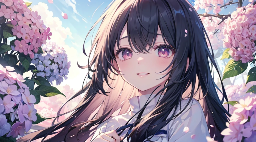 far,(((Highest quality、masterpiece、Ultra-fine、Ultra-fine、Exquisite、16k、Full HD,high school girl,))) 、Black Hair,((Sad), (((Looking up from below)))) 、((Soft sunlight、((sunny)) )),Hydrangea flowers blooming in the rain、Dark Eyes、Long eyelashes、White skin、(Pale pink lips、Pale pink cheeks、thin and long)、 ((cute)) ((one person)) 、((The best smile)) 、