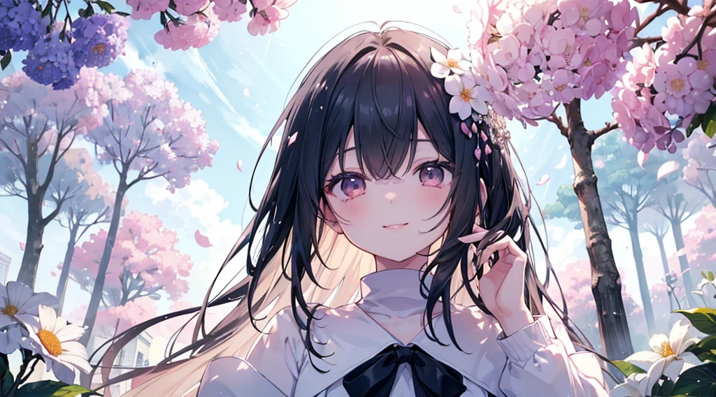 far,(((Highest quality、masterpiece、Ultra-fine、Ultra-fine、Exquisite、16k、Full HD,high school girl,))) 、Black Hair,((Sad), (((Looking up from below)))) 、((Soft sunlight、((sunny)) )),Hydrangea flowers blooming in the rain、Dark Eyes、Long eyelashes、White skin、(Pale pink lips、Pale pink cheeks、thin and long)、 ((cute)) ((one person)) 、((The best smile)) 、