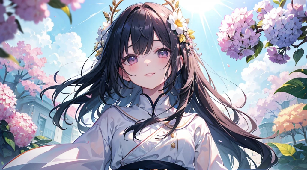 far,(((Highest quality、masterpiece、Ultra-fine、Ultra-fine、Exquisite、16k、Full HD,high school girl,))) 、Black Hair,((Sad), (((Looking up from below)))) 、((Soft sunlight、((sunny)) )),Hydrangea flowers blooming in the rain、Dark Eyes、Long eyelashes、White skin、(Pale pink lips、Pale pink cheeks、thin and long)、 ((cute)) ((one person)) 、((The best smile)) 、