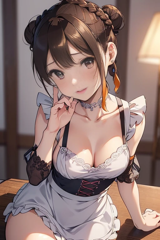 (from below:1.2),(from side:0.6),(Close-Up:0.4), (A masterpiece of image quality in 8K),(Beautiful Allafed Woman),(((emphasizing breasts:1.1))),(Dynamic angles),(Dynamic and sexy bending pose:1.3),(sit a chair:1.2),(Short hair in shiny silver and orange inner colors,small full breasts,Disturbance of clothing due to movement,breast slip,(Ponytail twisted buns adorned with elaborate braids and beads,Braided Setup Fishbone Hair:1.2),(see-through bangs),small breasts,(((A brown lace apron that shows your bare skin from under your small breasts.......)))、garters,Blush with embarrassment、Enraptured eyes、 little open mouth,A smile that beguiles the viewer、(Look back:1.2)、Look into the photographer,skin glistening with sweat,gazing at viewer,,(Professional Lighting),(masutepiece,top-quality,Ultra-high resolution output image,),(Ultra HD with complex detail image modes),depth of fields,Beautiful hands,Beautiful fingers,Detailed finger features,(Detailed hair features:1.7),detailed facial features,detailed clothes features,