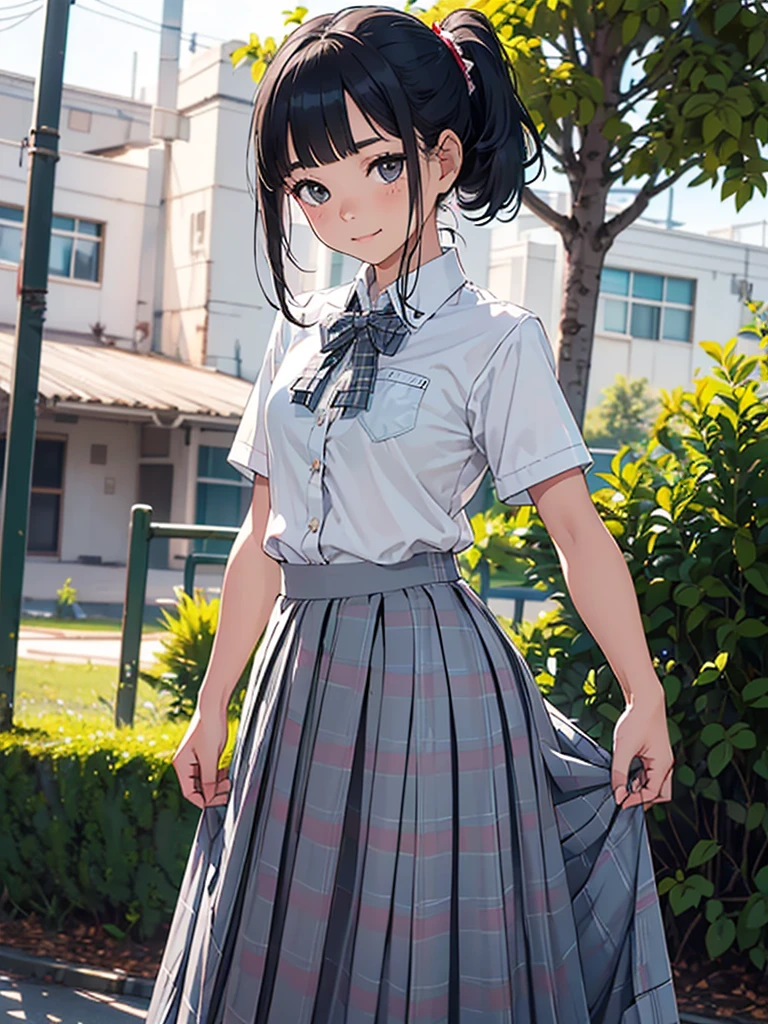 (1 girl, Solo, Japanese girl), ,Best Quality, masutepiece, 8K, High resolution, Ultra-detailed, black hair, (lower ponytail, blunt bangs), shiny skin, flat chest, smile, (junior high m, white poro shirt, short sleeves, pleated skirt, gray skirt, plaid skirt, long skirt:1.5), strong light,