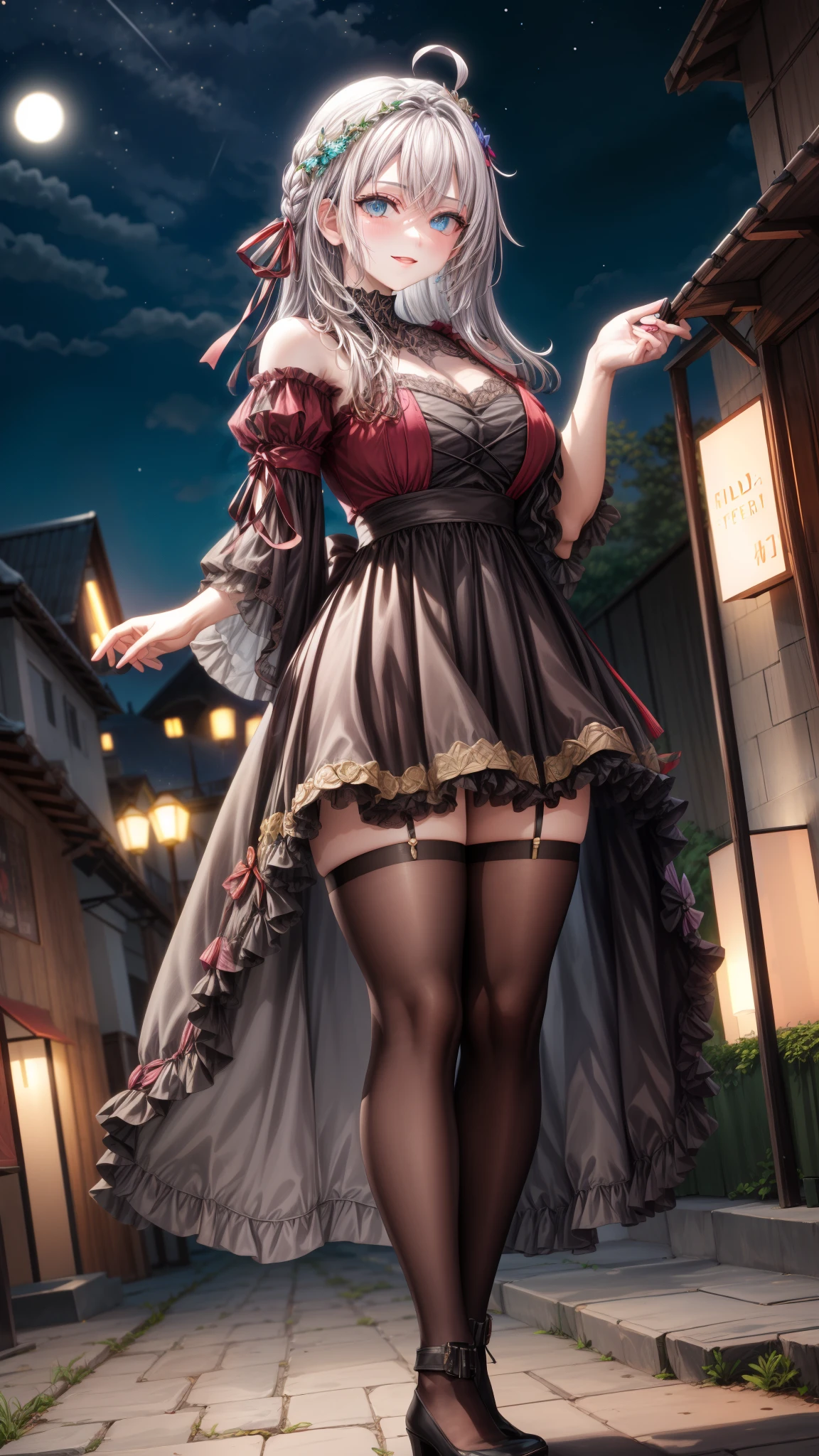 Alisa Kujou,
(night:1.7), 1 girl standing at attention, 22 years,hembra joven,hermoso Finger, hermoso long legs ,hermoso body ,hermoso Nose ,hermoso character design, ojos perfectos, perfect rostro,
There is an anime girl., 1 chica, muslos, solo, (falda muy corta:1.4), blue eyes, senos, vestido negro ,elegante , medias largas (vestido corto) , escote, arco, mano en la cadera, rubor, black muslos, arcotie, adentro, calzado marron, zettai ryouiki, mocasines, zapatos, large senos, mirando al espectador ,toma media distacia, toma de cercana boca abierta, thighs,
mirando al espectador, sonrisa, saludando al espectador, en el centro de la imagen, Fondo de pantalla CG unity 8k extremadamente detallado, Perfect lighting,vistoso, Brillante_frente_rostro_Lightinasterpiece:1.0),(mejor_calidad:1.0), ultra high resolution,4k,ultra detallado,
Photography, 8k, hdr, high resolution, absurdos:1.2, codas portra 400, film grain, fondo borroso, bokeh:1.2, Destello de lente, (vibrante_color:1.2)
, (hermoso_rostro:1.5),(angosto_cintura), (hermoso,Enorme_senos:1.3)