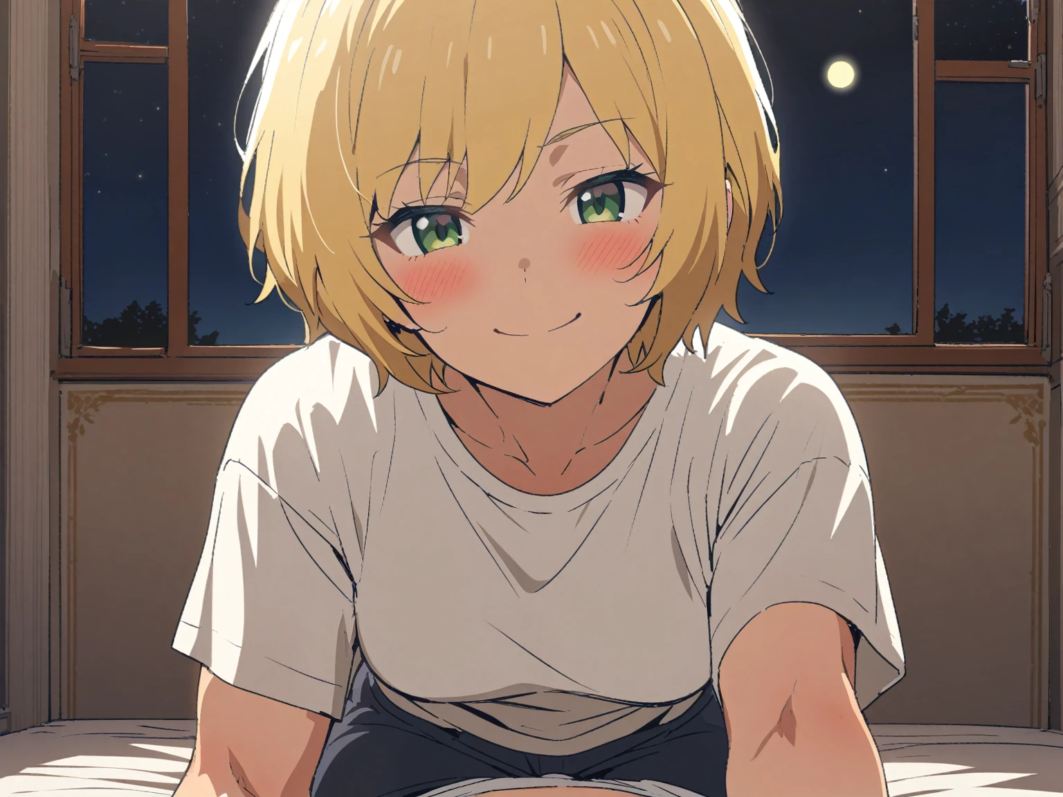 {{cowboy shot, pov, straight-on}} {{Artist: Sincos}} 1girl, solo, muscular female, mature female, androgynous, tomboy, gentle smile, blush, blonde hair, very short hair, bob cut, green eyes, white shirt, palace bedroom, indoors, looking at viewer, pov lying on person, night, moonlight from window, beautiful, medieval fantasy.