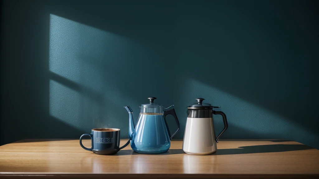 just 1 blue coffee pot and 1 cup of coffee in the foreground, background of a meeting room with dark blue wall, artwork, 8k, High resolution.