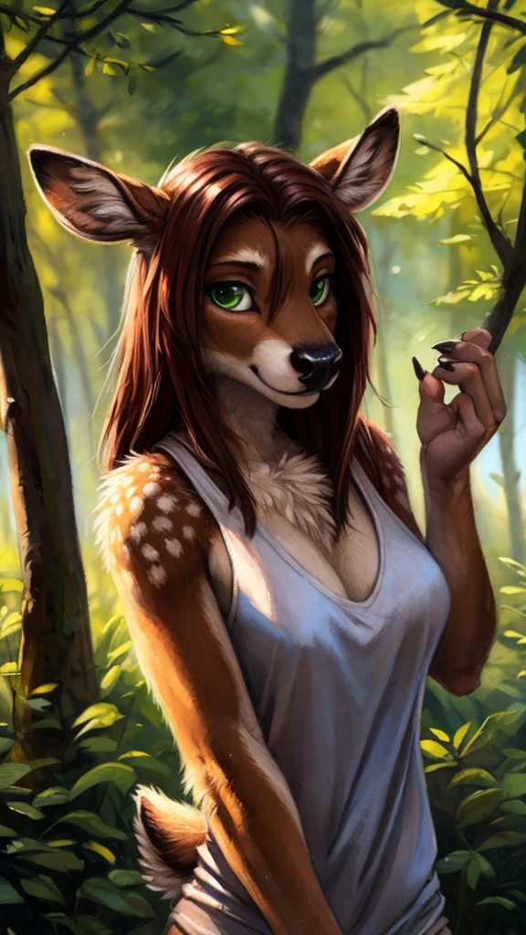 by kenket, by totesfleisch8, (by thebigslick, by silverfox5213:0.8), (by syuro:0.2), by tom_fischbach,, (best quality, masterpiece:1), solo, furry female anthro, green eyes, long hair, reddish brown hair, portrait, fingers, finger claws, looking at viewer, deer, (outdoors dark forest trees blurry blurred background:1.1), featureless_breasts, dressed in a white tanktop.