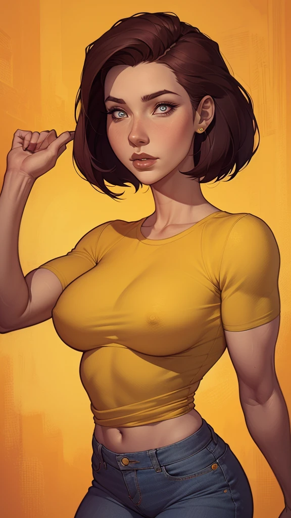 um desenho de uma mulher de jeans e blusa amarela, Estilo de arte de Charlie Bowater, arte do personagem Charlie Bowater, estilo artgerm, retrato de personagem de corpo inteiro, artgerm e lois van baarle, estilo de charlie bowater, retrato de corpo inteiro de um curta!, Lois van Baarle e Rossdraws