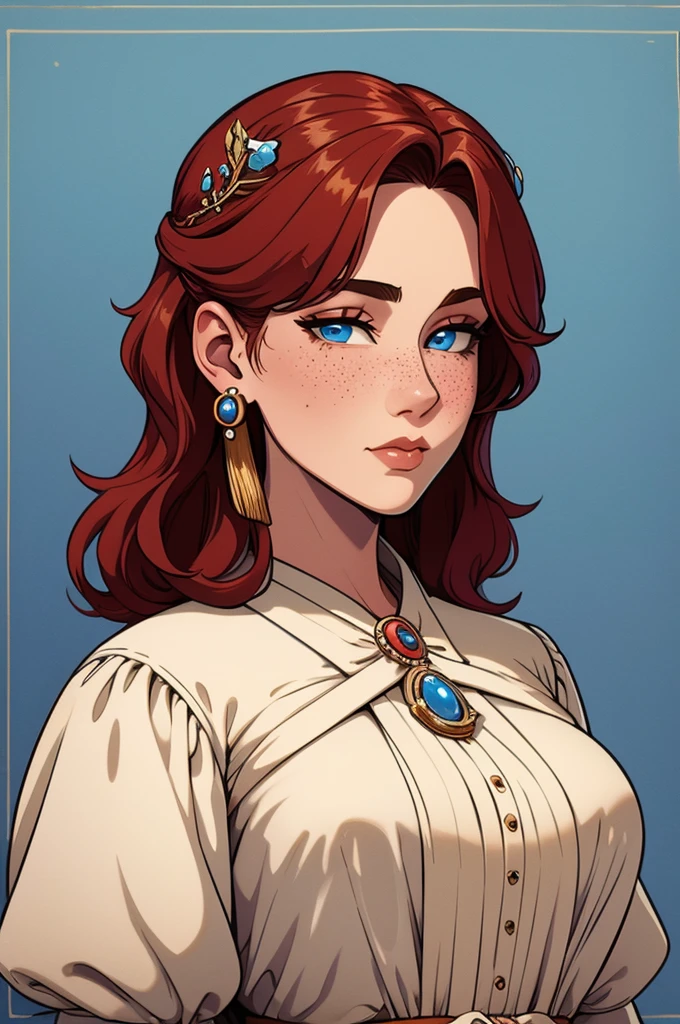 High definition, 4K, HD, 8K, Best Quality, Masterpiece, 1woman, historical early 1900s American outfit, hair ornament, dress, ivory brooch, pearl earrings, medium length hair, brownish red hair, beautiful face solo, beautiful blue eyes, fair skin, some freckles