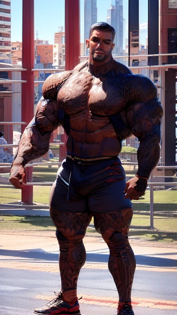 (best quality, high resolution, Artwork:1.2), standing, posing, smiling, Horny, Latin Beauty, (((Huge male bodybuilder:1.15))), huge muscular ass, (wide hips), (Slim waist) , (((Broad shoulders))), ((((huge breasts)))), nervous, (black hair), feather crown carnival, shaved hair, black hair, full body, Glossy skin, tanned skin, hands on the hips, vibrant, wearing nervous carnival attire, sensual manga line art manga panels