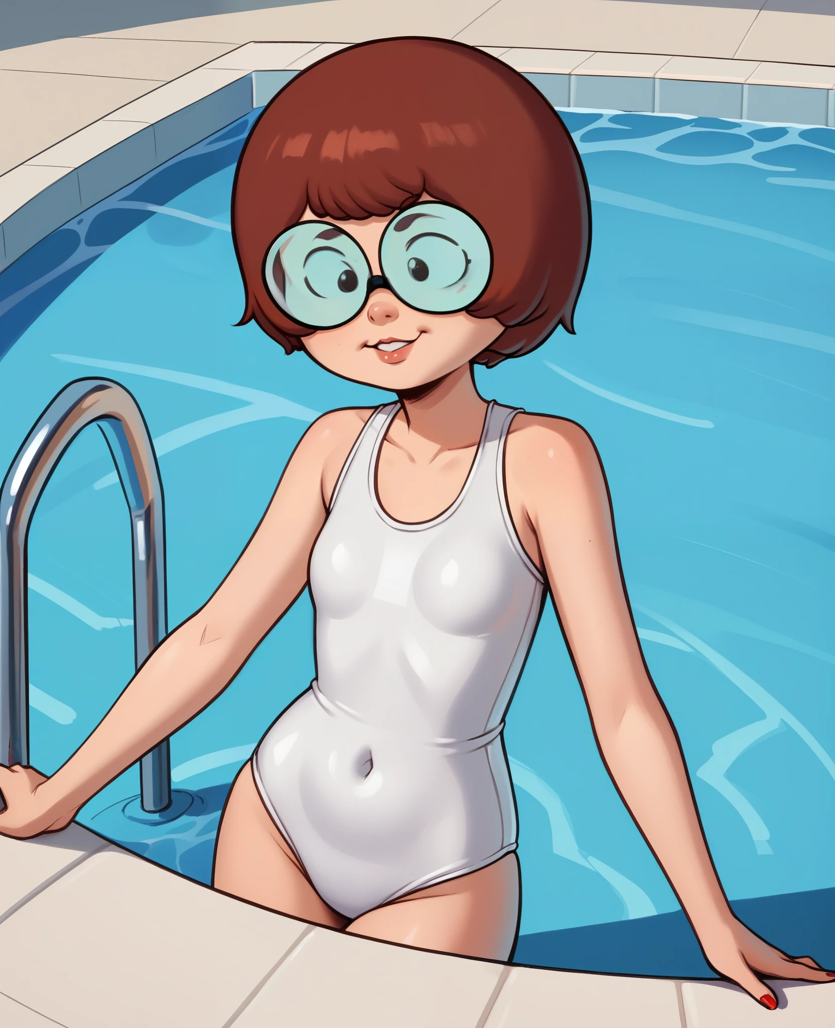 score_8, score_9, solo, velma, short hair, red hair, glasses, white swimsuit, in school pool,