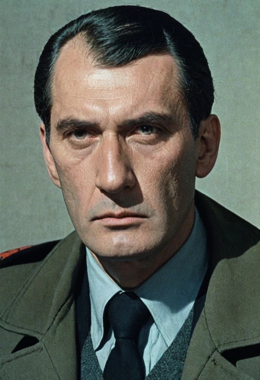 color photo, investigator at the USSR Ministry of Internal Affairs in 1980. Tall man with a serious face. Clean-shaven, neat. Wearing a black jacket