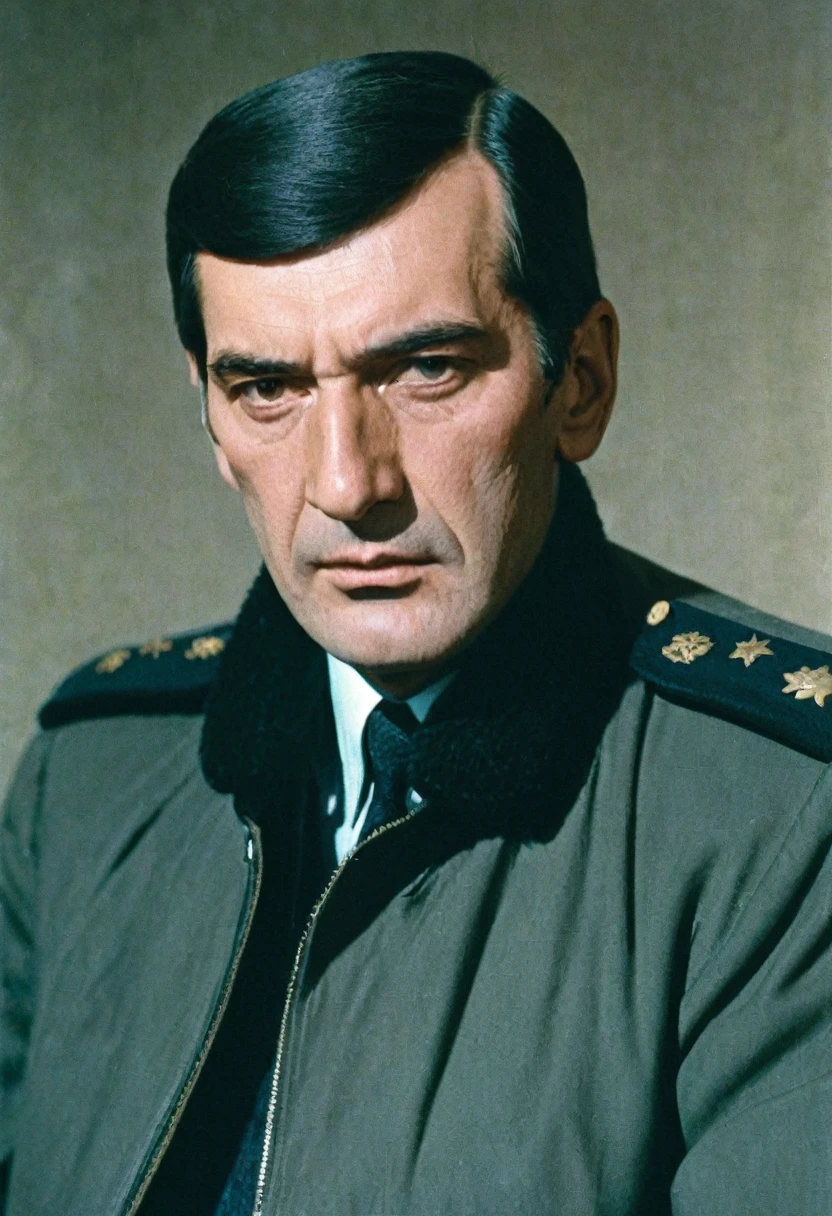 color photo, investigator at the USSR Ministry of Internal Affairs in 1980. Tall man with a serious face. Clean-shaven, neat. Wearing a black jacket