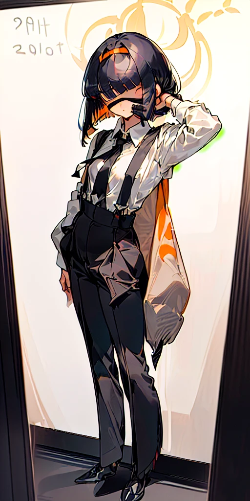(((((shy girl))))), ((((shy posture)))), (((((1 girl))))), (((standing up straight))), (((full body drawing))), ((((flat chested)))), ((amber-colored irises on her eyes)), ((((Mikoto Urabe Mysterious Girlfriend X anime style haircut)))), ((((((((hair bangs over eyes)))))))), ((((eyes behind hair)))), (((black short messy bob-cut))), ((((((eyes not visible due to being covered by hair bangs)))))), ((((eyes not visible due to be hidden by hair bangs)))), ((((black high-waist long slacks)))), ((black suspenders)), (((black tie))), (((women's dress shirt))), ((women's dress shoes)), (((20-year-old Office Lady))), ((((Office Setting)))).