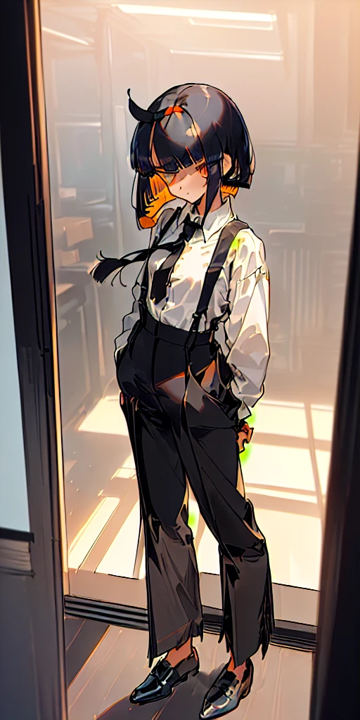 (((((shy girl))))), ((((shy posture)))), (((((1 girl))))), (((standing up straight))), (((full body drawing))), ((((flat chested)))), ((amber-colored irises on her eyes)), ((((Mikoto Urabe Mysterious Girlfriend X anime style haircut)))), ((((((((hair bangs over eyes)))))))), ((((eyes behind hair)))), (((black short messy bob-cut))), ((((((eyes not visible due to being covered by hair bangs)))))), ((((eyes not visible due to be hidden by hair bangs)))), ((((black high-waist long slacks)))), ((black suspenders)), (((black tie))), (((women's dress shirt))), ((women's dress shoes)), (((20-year-old Office Lady))), ((((Office Setting)))).