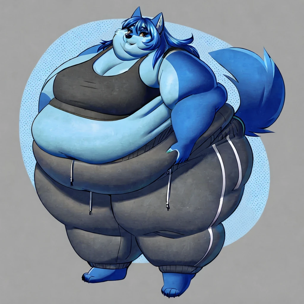 Wolf, female, long blue hair, black and blue body,fat arms, fat legs, belly rolls, hip fat rolls, double chin, chubby cheeks,tank to, sweatpants, gorgeous, beautiful, eyelashes,