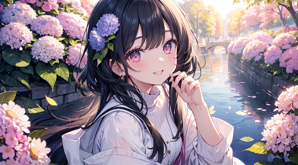 (((Highest quality、masterpiece、Ultra-fine、Ultra-fine、Exquisite、16k、Full HD,high school girl,))) 、Black Hair,((Looking up), (((Looking up)))) 、((Soft sunlight、((sunny)) )),Hydrangea flowers blooming in the rain、Dark Eyes、Long eyelashes、White skin、(Pale pink lips、Pale pink cheeks、thin and long)、 ((cute)) ((one person)) 、((The best smile)) 、