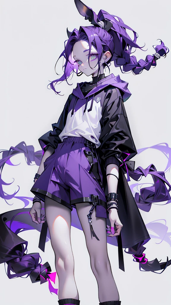 boy. thoughtful look. open forehead. black and purple hair tied in a bun on the left side to one side. sinuous black horns wrapped in dark purple ribbon. pale violet eyes. in short dark purple shorts. long white T-shirt. dark purple knee-high socks. dark_purple long coat with hood. ancient dark stone walls of a dungeon. purple light from lamps on the ceiling beams