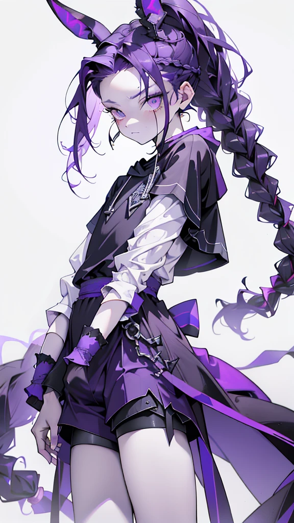 boy rabbit thoughtful look open forehead. dark purple hair braided into a ponytail on the left side. sinuous black horns wrapped in dark purple ribbon. pale violet eyes. in short dark purple shorts. long white T-shirt. dark purple knee-high socks. white long cloak with hood inside. stone walls purple light
