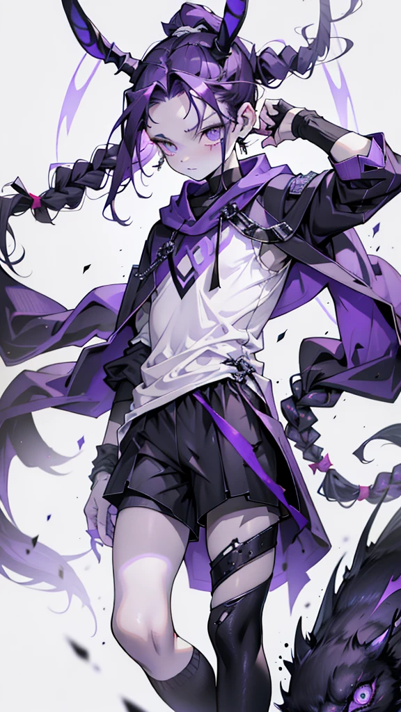 boy rabbit thoughtful look open forehead. dark purple hair braided into a ponytail on the left side. sinuous black horns wrapped in dark purple ribbon. pale violet eyes. in short dark purple shorts. long white T-shirt. dark purple knee-high socks. white long cloak with hood inside. stone walls purple light