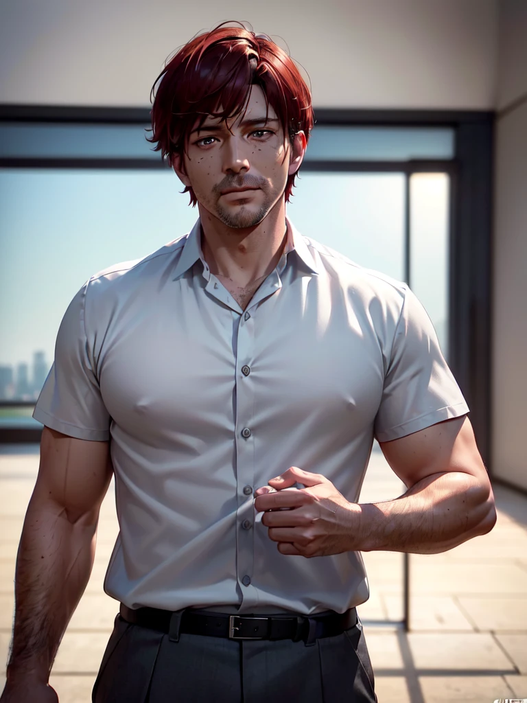 a 40 year old man (red short hair:1.0), grey eyes, moles all over the face, wearing an official uniform, masculinity, teacher, (best quality,4k,8k,highres,masterpiece:1.2),ultra-detailed,(realistic,photorealistic,photo-realistic:1.37),cinematic lighting,highly detailed face and body,sharp focus,vivid colors,anime style