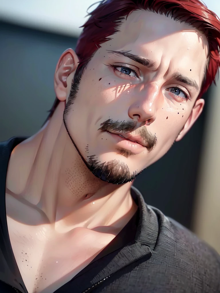 a 40 year old man (red short hair:1.0), grey eyes, moles all over the face, wearing an official uniform, masculinity, teacher, (best quality,4k,8k,highres,masterpiece:1.2),ultra-detailed,(realistic,photorealistic,photo-realistic:1.37),cinematic lighting,highly detailed face and body,sharp focus,vivid colors,anime style