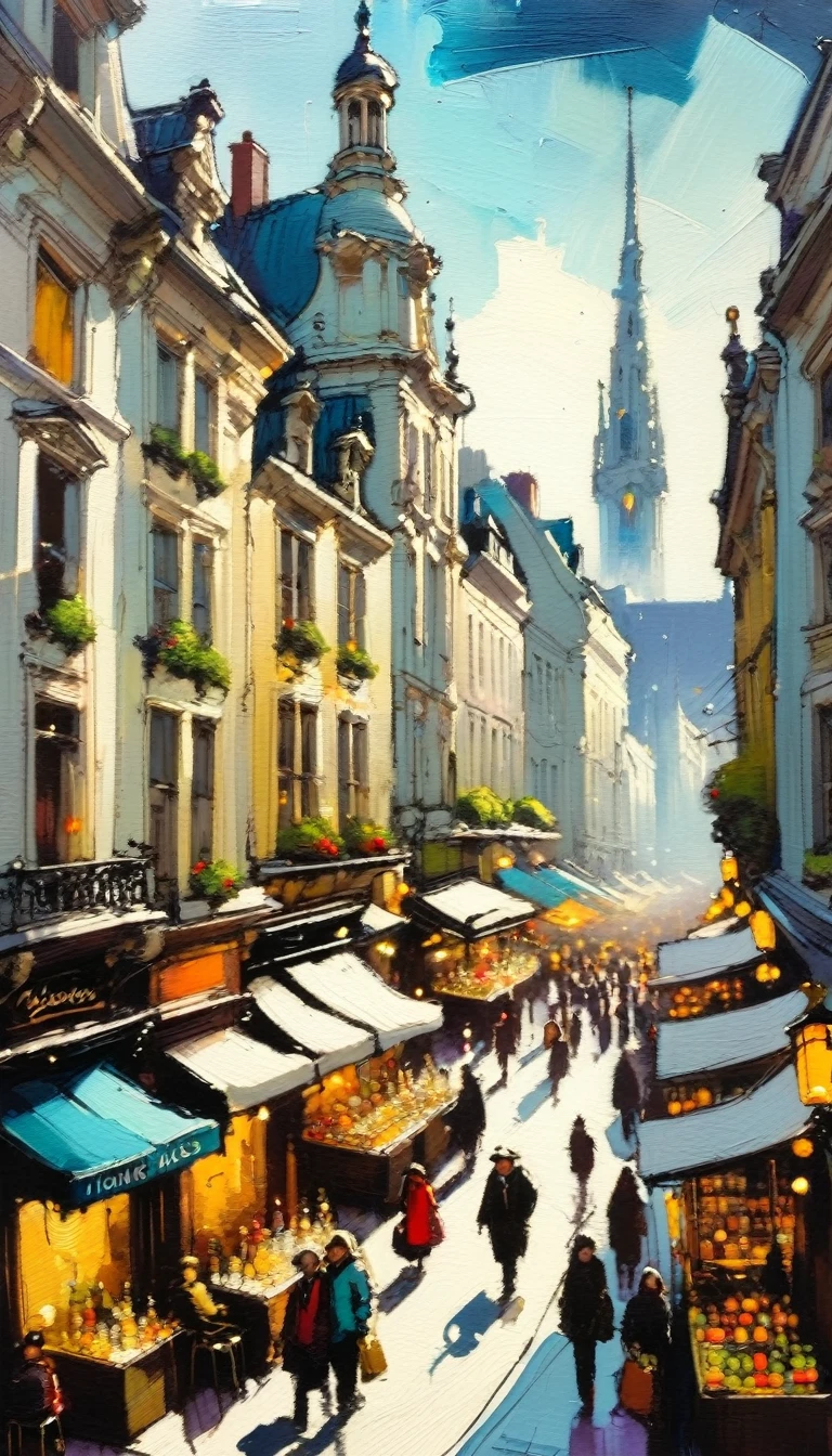 the bustling city, inspired by brussels, markets, cafes, (art inspired by skottie young and Bill Sienkiewicz). oil painting, details of brush strokes that enhance depth)
