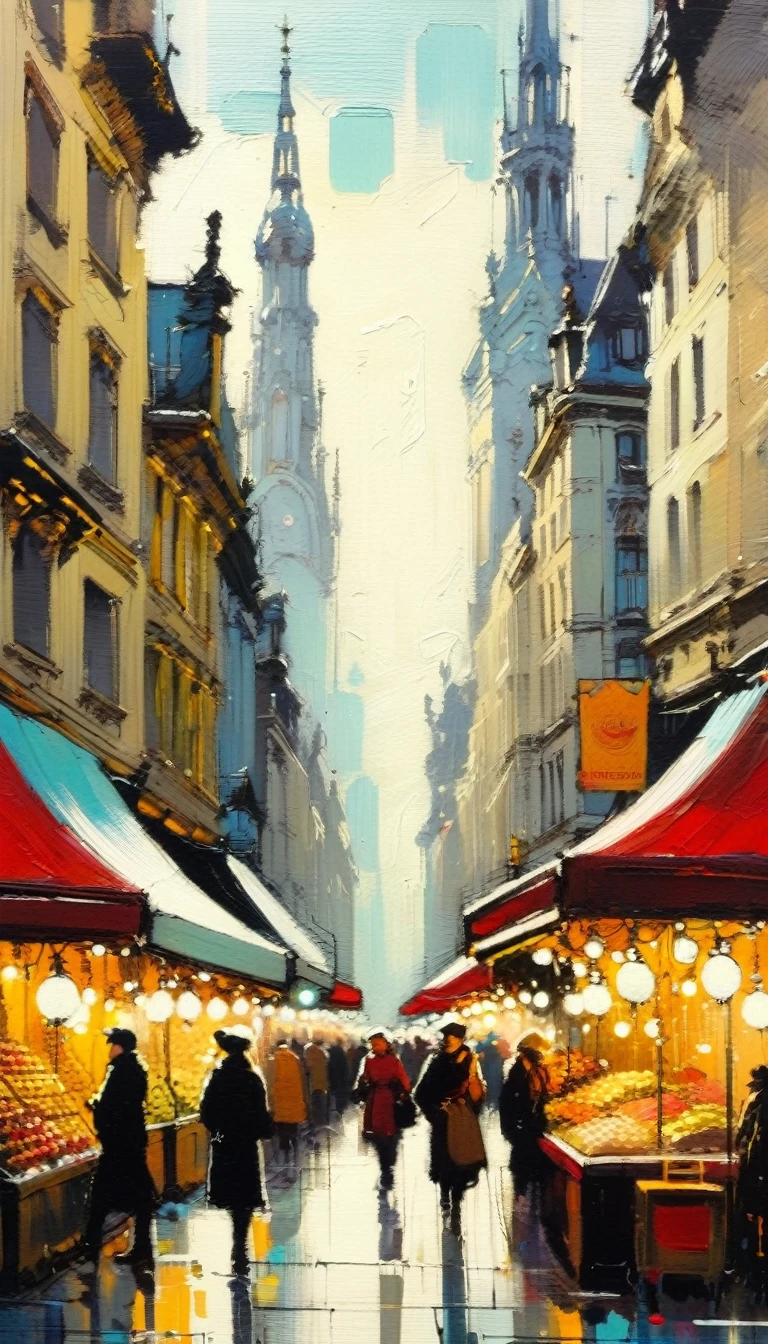 the bustling city, inspired by brussels, markets, cafes, (art inspired by skottie young and Bill Sienkiewicz). oil painting, details of brush strokes that enhance depth)
