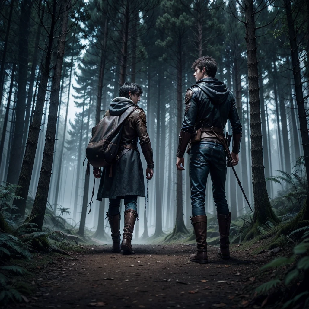 Criar uma capa de livro de fantasia infantojuvenil no estilo de Harry Potter e Percy Jackson. The scene should show three young males with their backs together with a large strong hunter facing away, segurando uma besta, facing a large werewolf in a dark and magical forest. The hunter must be dressed in detailed adventure clothing, and the beast must look realistic and threatening. O lobisomem deve ser imponente e assustador, com olhos brilhantes e pelagem detalhada. A floresta ao redor deve ter uma atmosfera sombria e encantada, with tall trees and deep shadows, punctuated by mystical lighting that highlights the tension between the hunter and the werewolf. A cena deve evocar um sentimento de aventura, Mystery and fantasy.