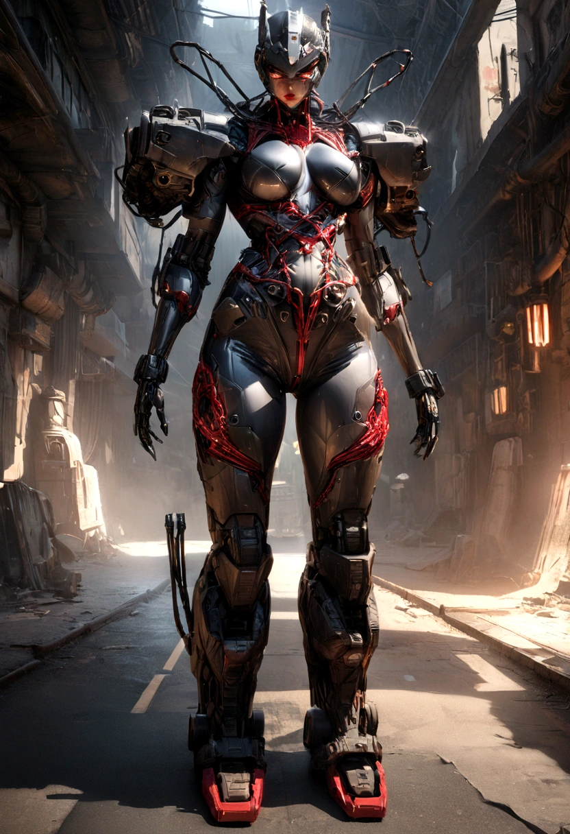 A cyberpunk woman with cybernetic implants, gray alien, abandoned spaceship, detailed technological instruments, dramatic lighting, cinematic composition, muted color palette, sci-fi atmosphere