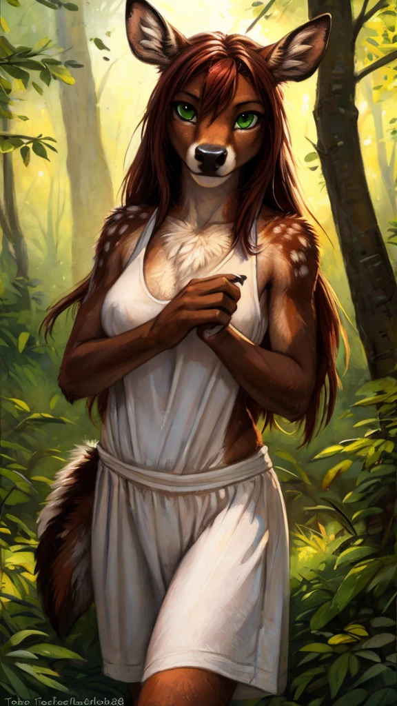 by kenket, by totesfleisch8, (by thebigslick, by silverfox5213:0.8), (by syuro:0.2), by tom_fischbach,, (best quality, masterpiece:1), solo, furry female anthro, green eyes, long hair, reddish brown hair, portrait, fingers, finger claws, looking at viewer, deer, (outdoors dark forest trees blurry blurred background:1.1), featureless_breasts, dressed in a white tanktop.