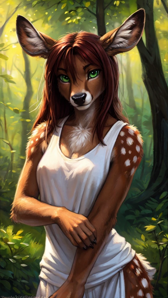 by kenket, by totesfleisch8, (by thebigslick, by silverfox5213:0.8), (by syuro:0.2), by tom_fischbach,, (best quality, masterpiece:1), solo, furry female anthro, green eyes, long hair, reddish brown hair, portrait, fingers, finger claws, looking at viewer, deer, (outdoors dark forest trees blurry blurred background:1.1), featureless_breasts, dressed in a white tanktop.