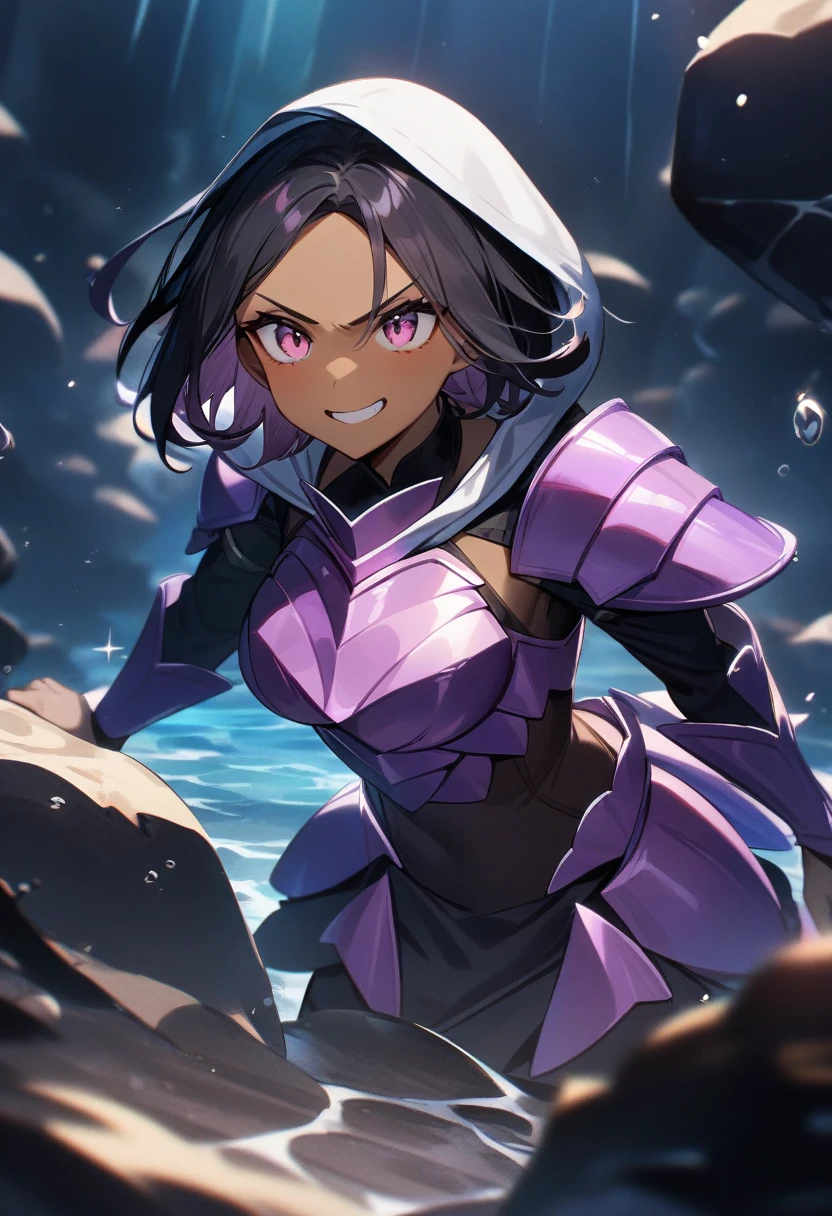 1girl, dark skin, angry smile, medium breasts, short hair, black hair, parted bangs, pink eyes, purple shell armor, hooded head, seafloor, masterpiece quality, ultra HD, 4K, best quality, 