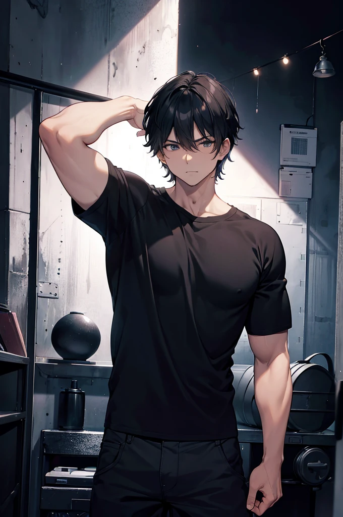 Rin Okumura is flexing his biceps and abs in a black tshirt with short sleeves.